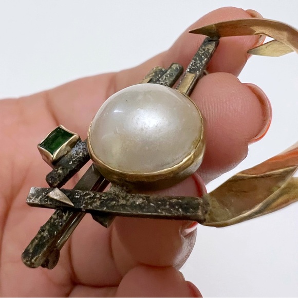 Vintage Carolyn Thomas 14K Gold Sterling Brass Mabe Pearl Emerald Brooch Pin - Picture 9 of 15